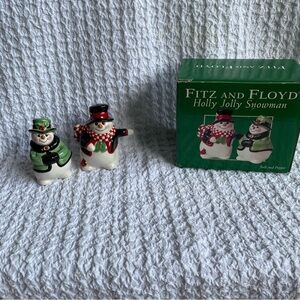 Vintage Fitz And Floyd Holly‎ Jolly Snowman salt  and pepper shaker set NEW